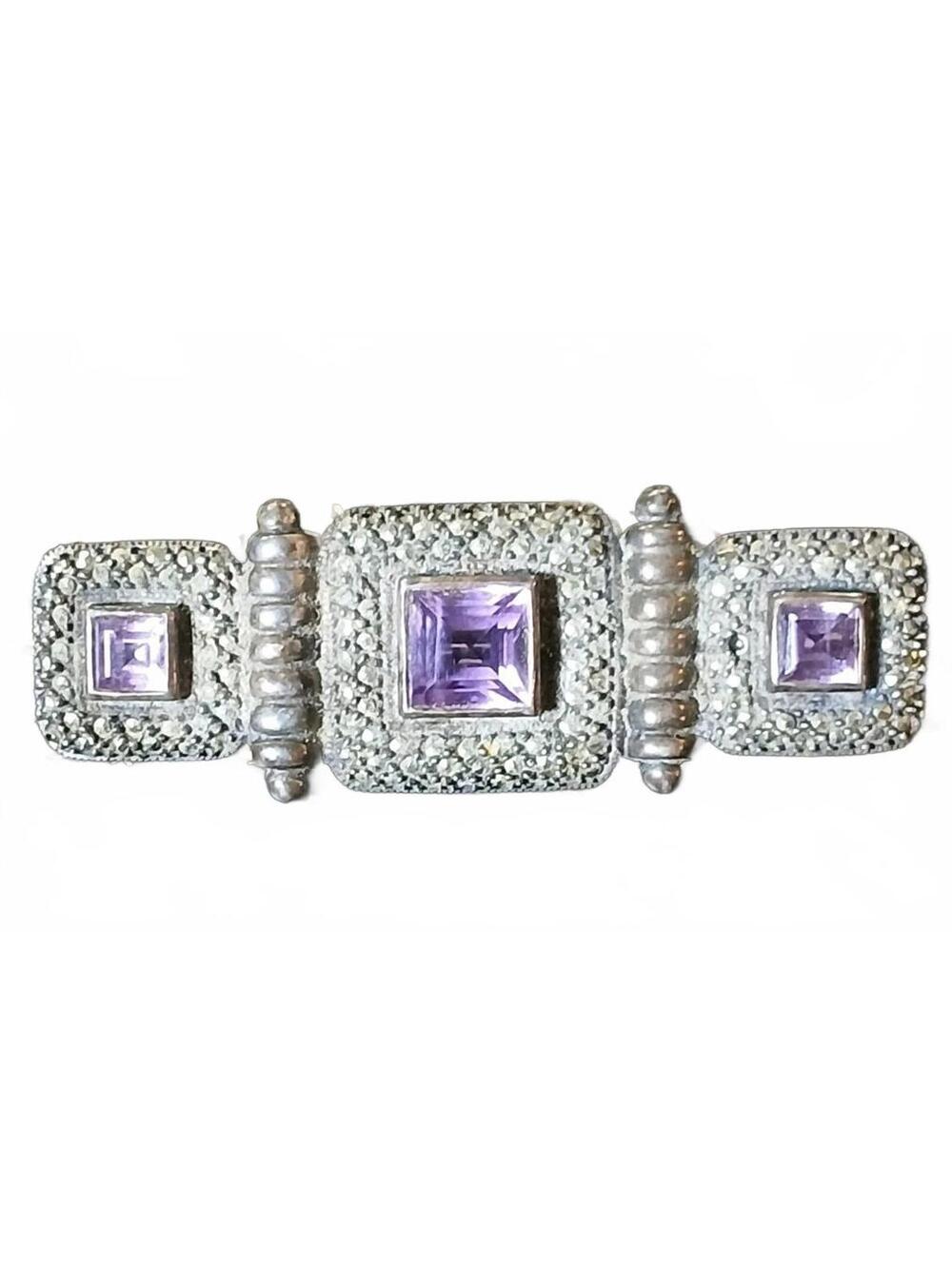 Vintage Judith Jack Sterling 925/Amethyst/Marcasite Bar Pin 2.25" Long 70s